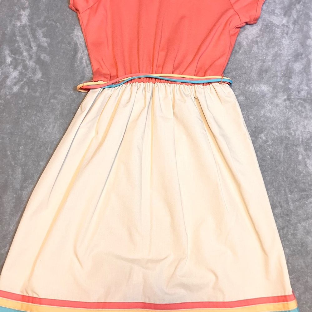 VNTG 70s 80s Rainbow A-Line Toni Todd Dress Cotton Coral Crème Retro S No Sz Tag - Picture 2 of 10